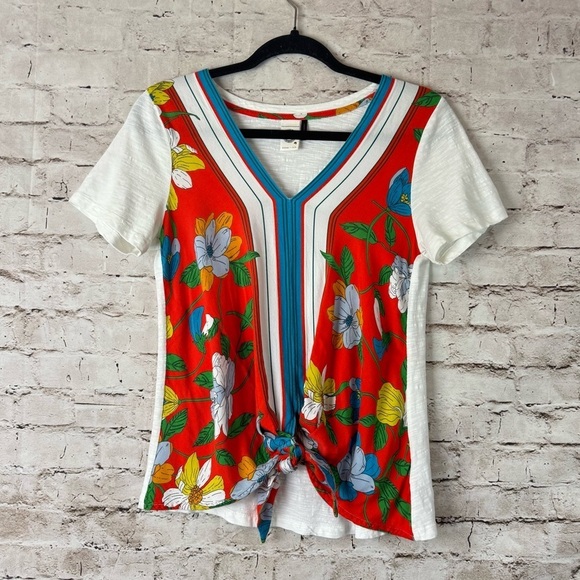 Anthropologie Akemi + Kin Sherburne Printed Tee Shirt Top V Neck Tie Front S Sm - Picture 2 of 10